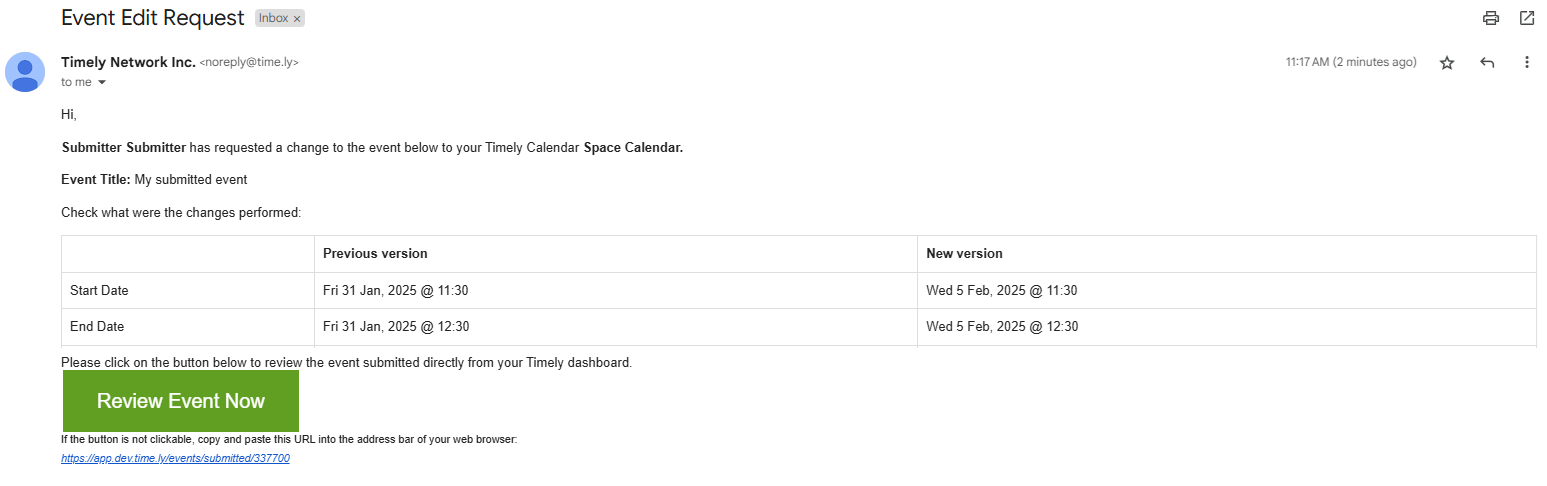 Example of email notification about pending event changes in our Product Update January 2025.