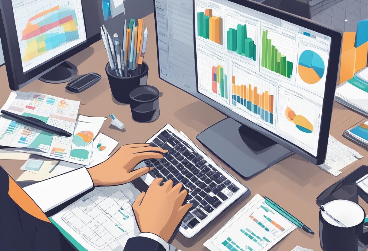 A desk cluttered with spreadsheets, calculators, and a computer screen displaying HR automation software. A hand reaches for a pen to jot down figures