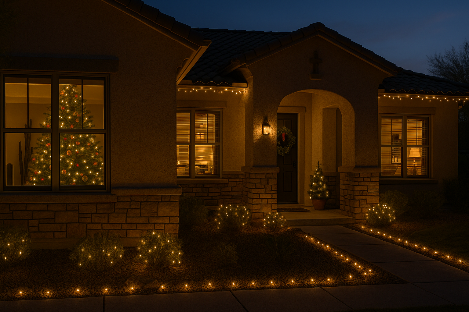 Fully decorated home interior and exterior for Christmas, with festive lights, cozy accents, and a welcoming ambiance.