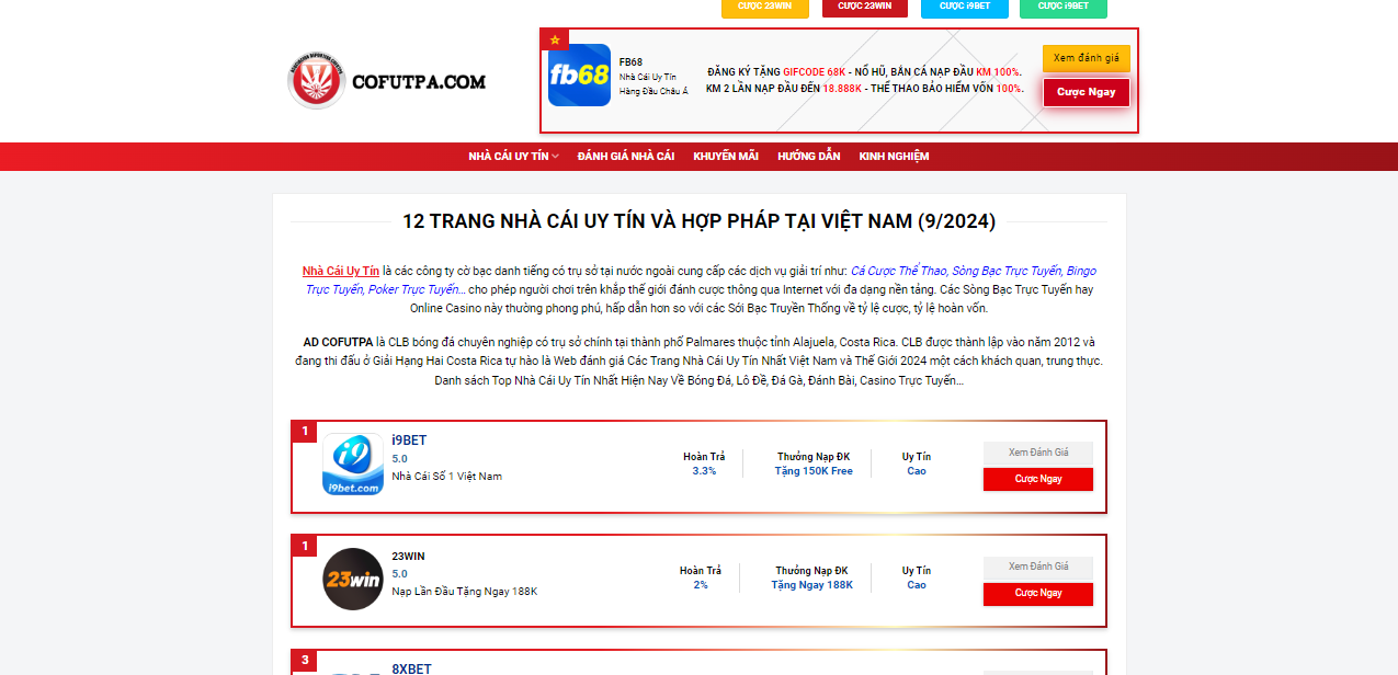 COFUTPA.COM đánh giá top nhà cái uy tín hàng đầu