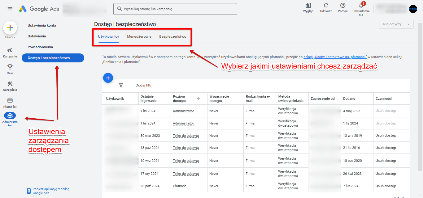 ustawienia zarządzania dostępem Google Ads