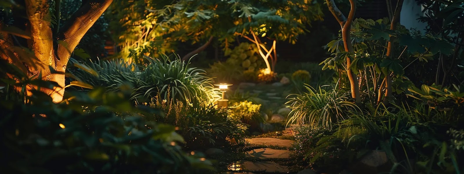 a lush garden illuminated by a carefully placed lighting