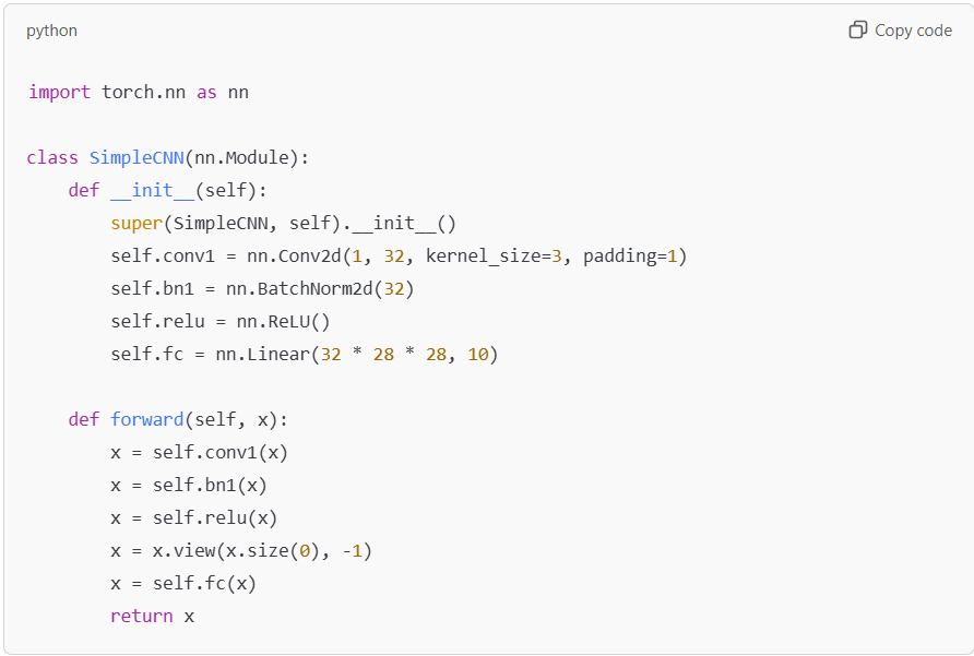  Code for implementing Batch Normalization in PyTorch.