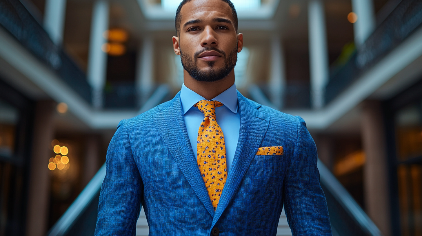 A bold and vibrant royal blue suit, tailored to perfection. The fabric is rich and striking, catching the light with its deep blue tones. The man pairs it with a stylish tie, standing in a modern, upscale venue with a confident and fashionable presence.