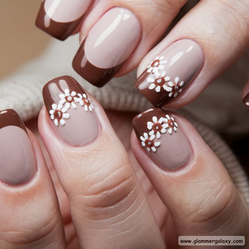 Neutral Fall Nails having Floral Brown Tips

