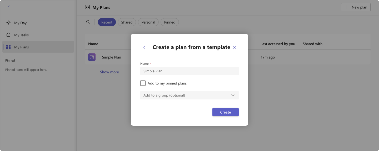 Pic. 3. Creating a plan from a template: naming the plan and adding it to a group.