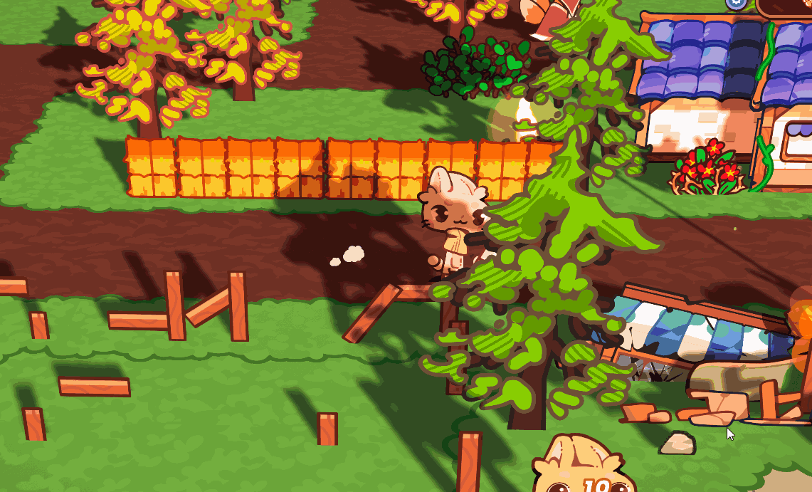 Gif showing the rabbit walking in the new town, showing houses and NPCs