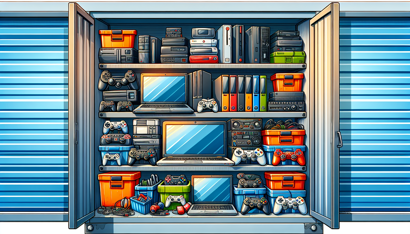 An illustration showing various electronic devices stored in a self storage unit.