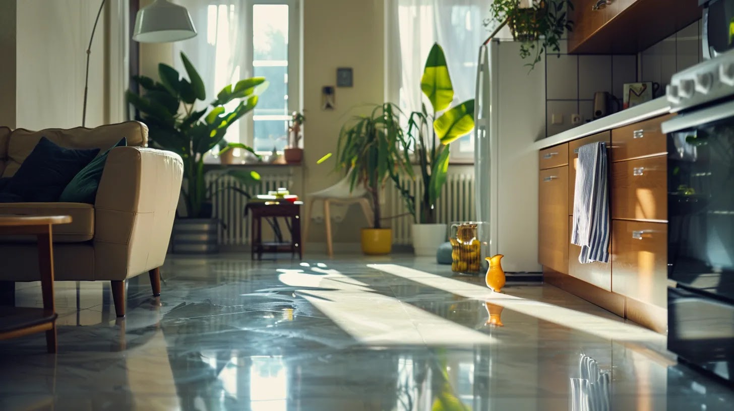 a pristine, modern apartment interior is meticulously cleaned, showcasing gleaming surfaces and organized spaces, symbolizing the importance of thorough move-in and move-out cleaning for both renters and homeowners.