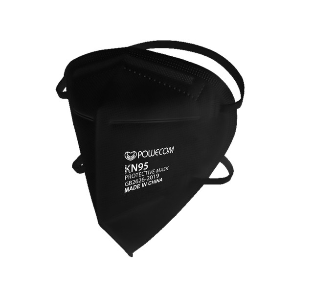 A photo of a black Powecom respirator with headstraps