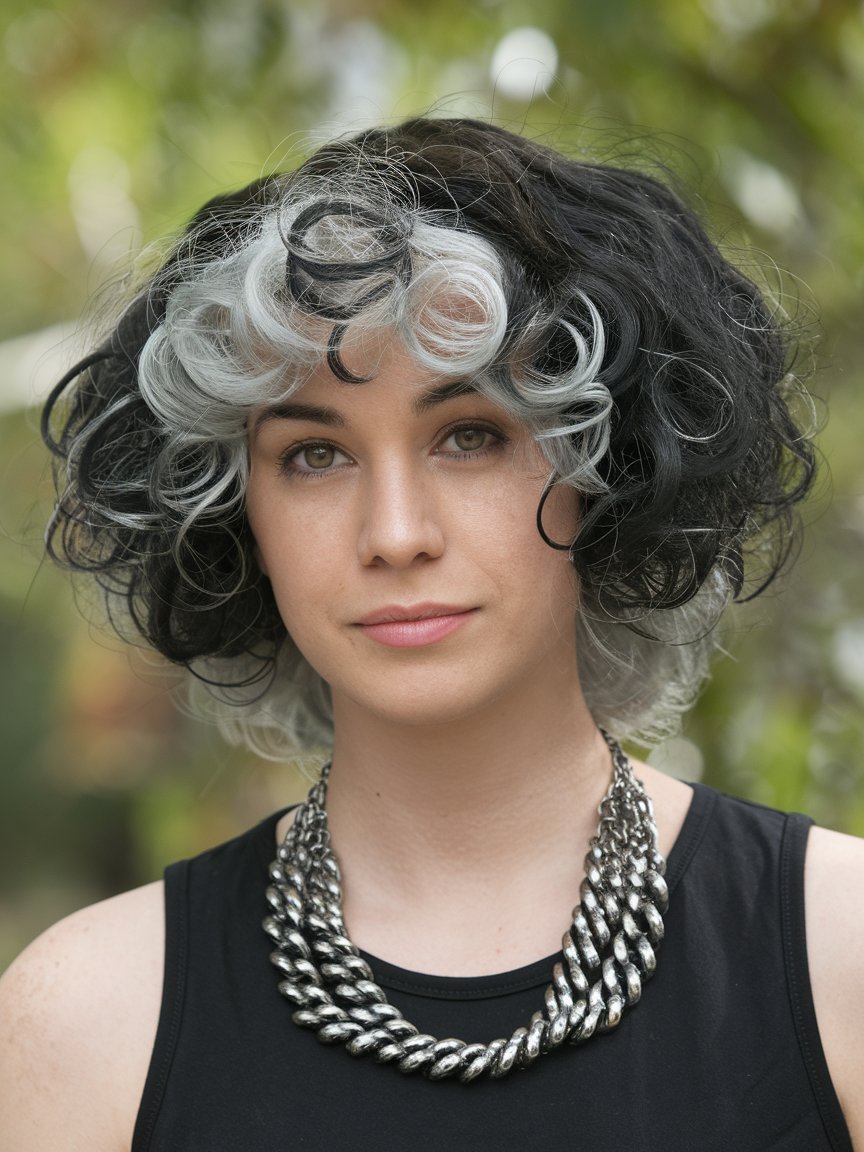 52. Curly Rounded Black and Silver Bob