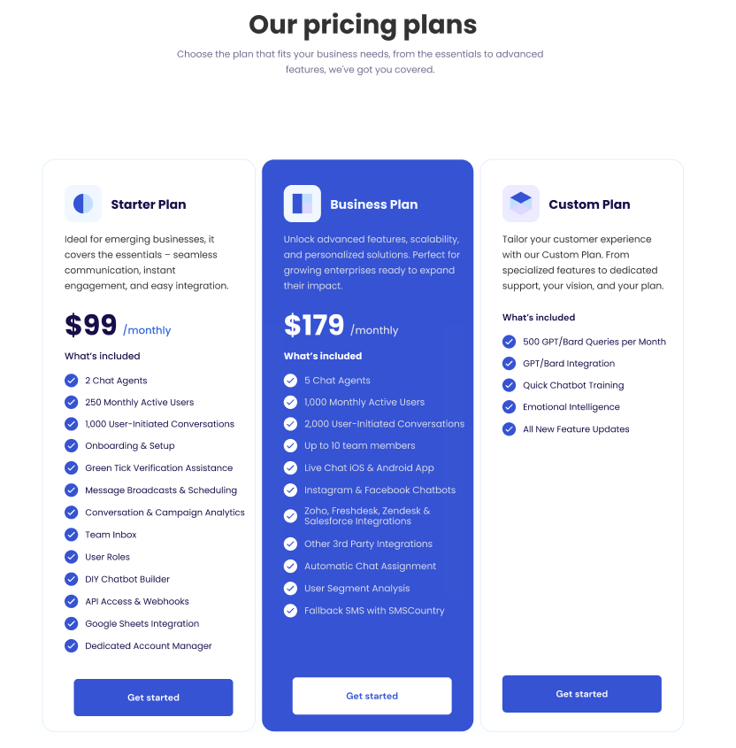 TelebuSocial pricing plans per month: Starter plan, Business plan and Custom plan.