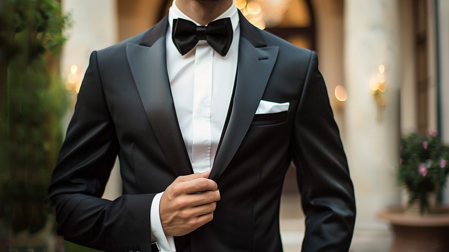 Man wearing a classic tuxedo with satin lapels, satin stripe on the trousers, white dress shirt, black bow tie, and patent leather shoes, posed confidently at an elegant black-tie evening event or gala setting