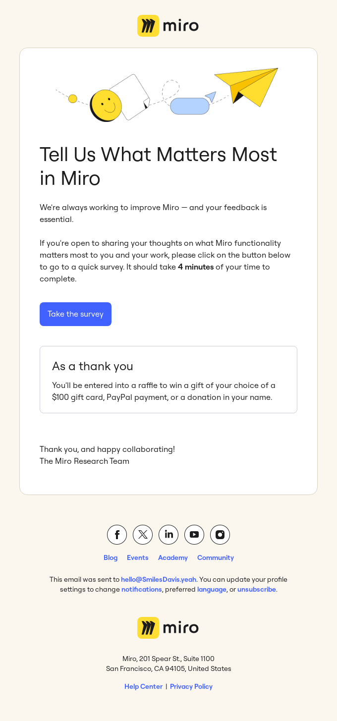 Miro email example of a customer survey