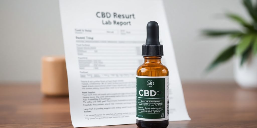 Bottle of CBD oil with a lab report beside it.