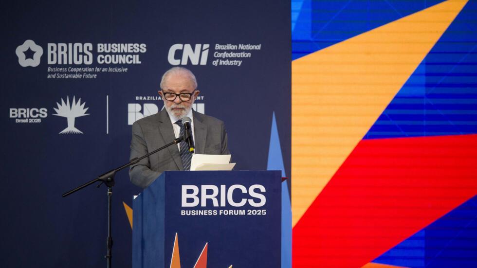 Le président brésilien Lula lors du forum économique des Brics, le 5 juillet 2025, en préambule du sommet des Brics prévu le lendemain.