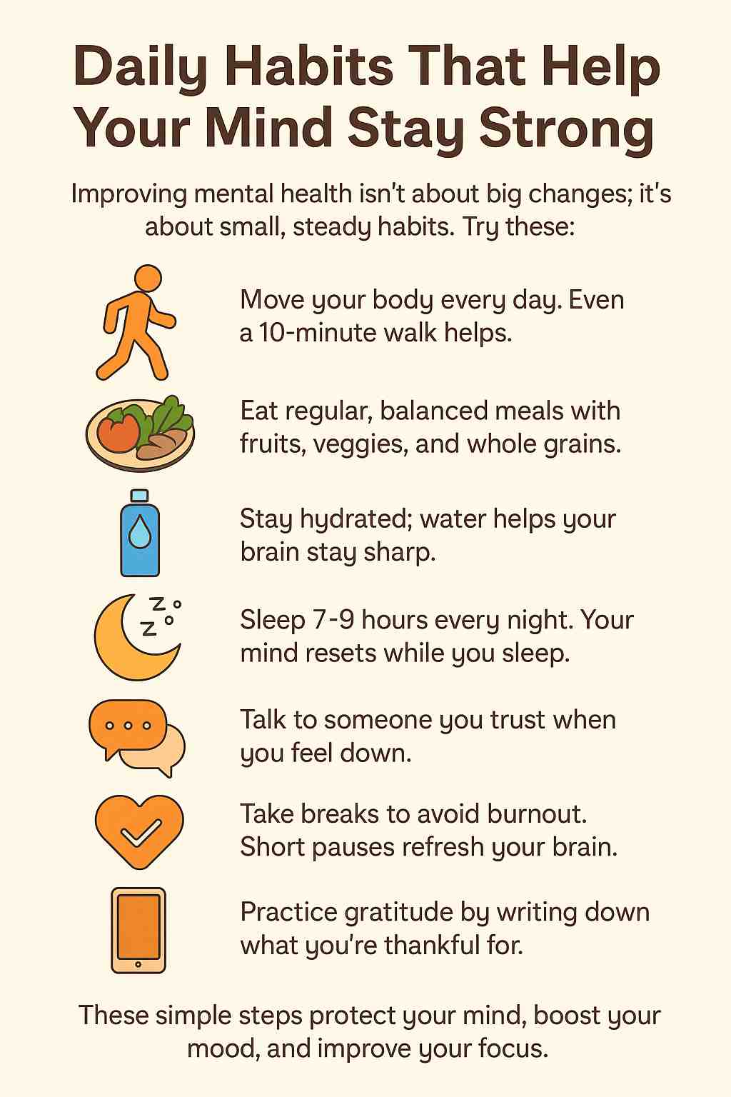 Infographic of daily habits for good mental health with icons