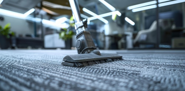 Closeup of a vacuum cleaner on a carpet in a modern office Concept of office cleaning commercial hygiene workplace maintenance janitorial services