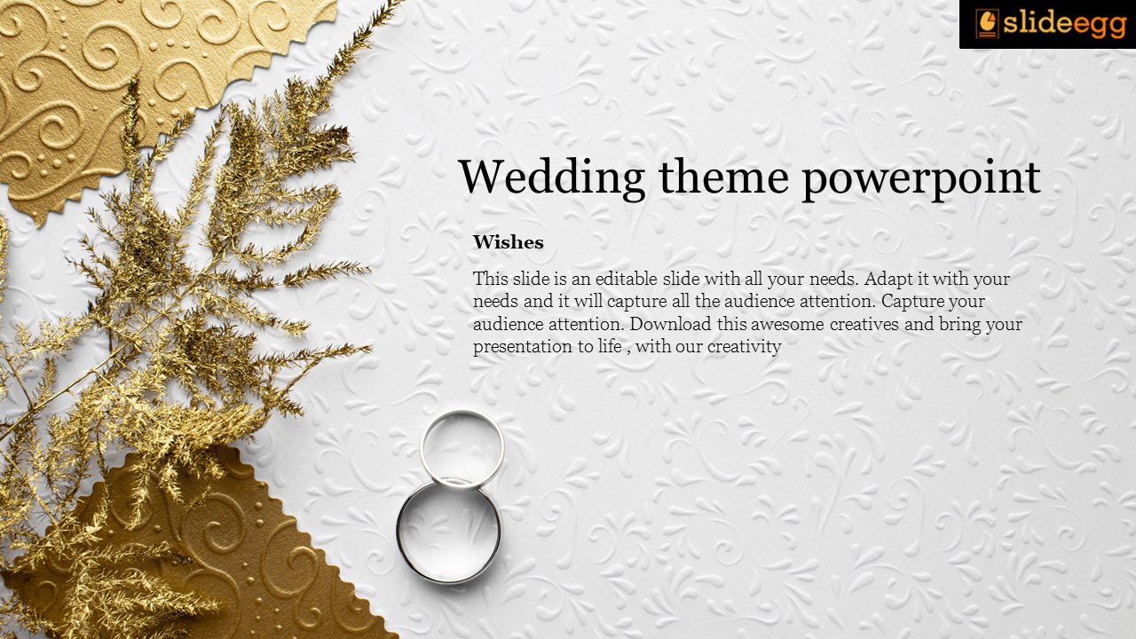 Gold and white wedding-themed PowerPoint slide with decorative patterns and rings imagery.