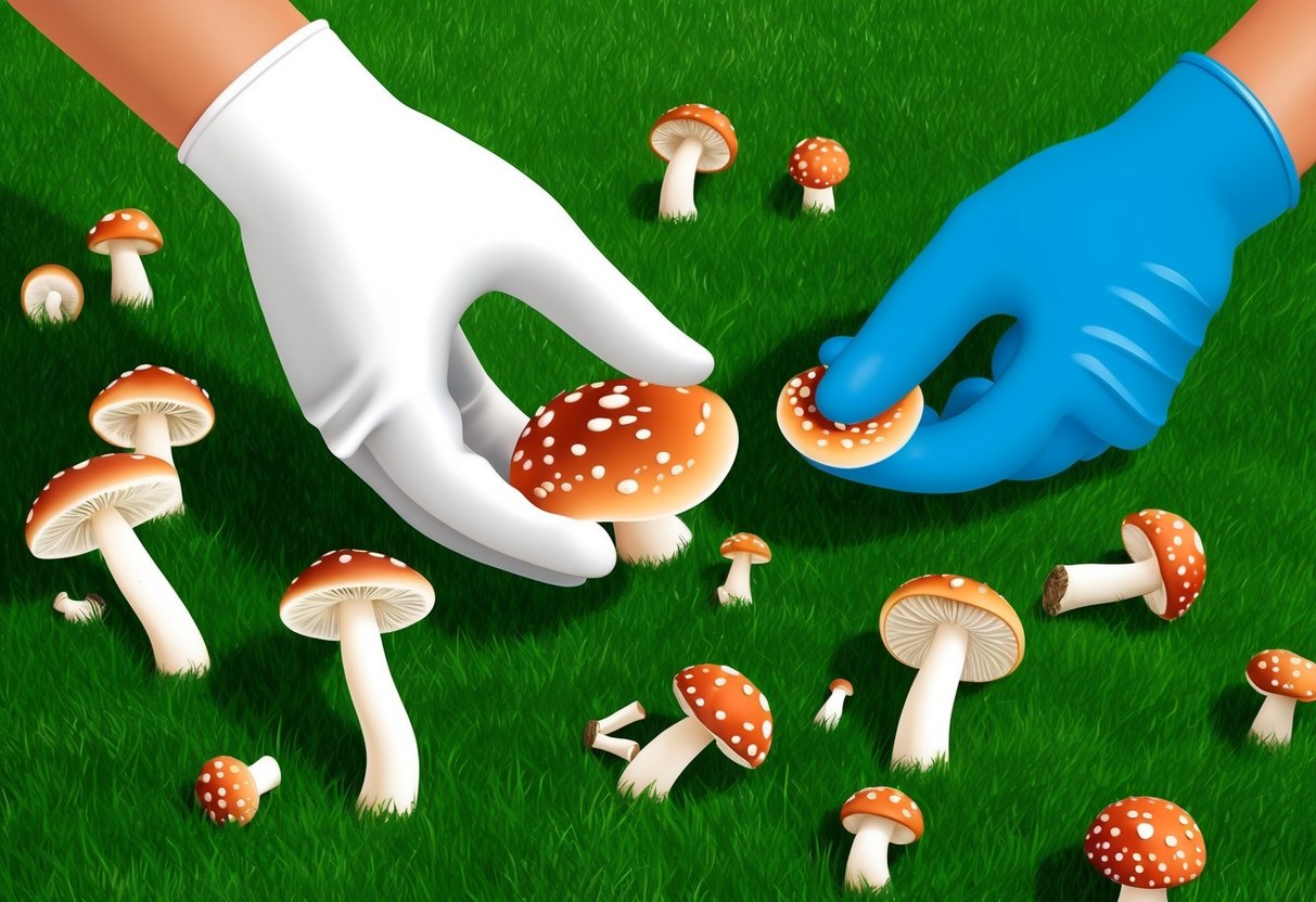 A lush green lawn with scattered mushrooms being carefully removed by a gloved hand