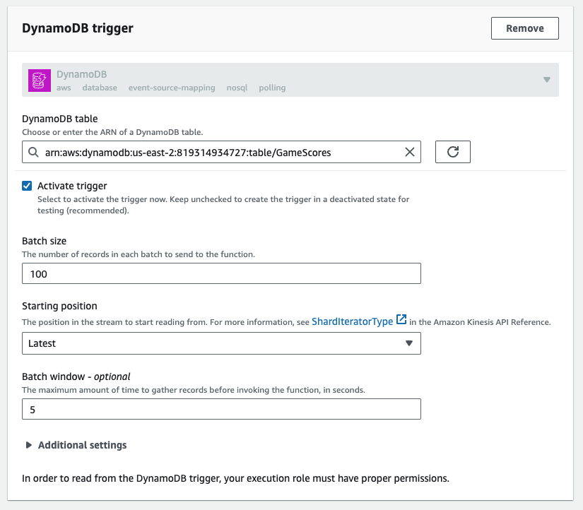 A screenshot of any AWS Lambda DynamoDB trigger configuration