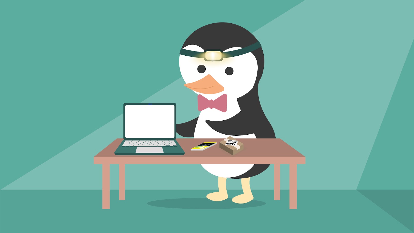 A penguin wearing a headlamp excitedly prepares materials for repairing their laptop, such as a box of spare parts and a laptop repair how-to book.