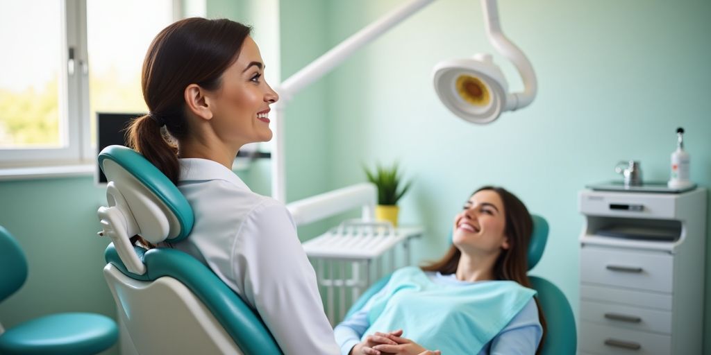Dental office with a dentist and patient smiling together.
