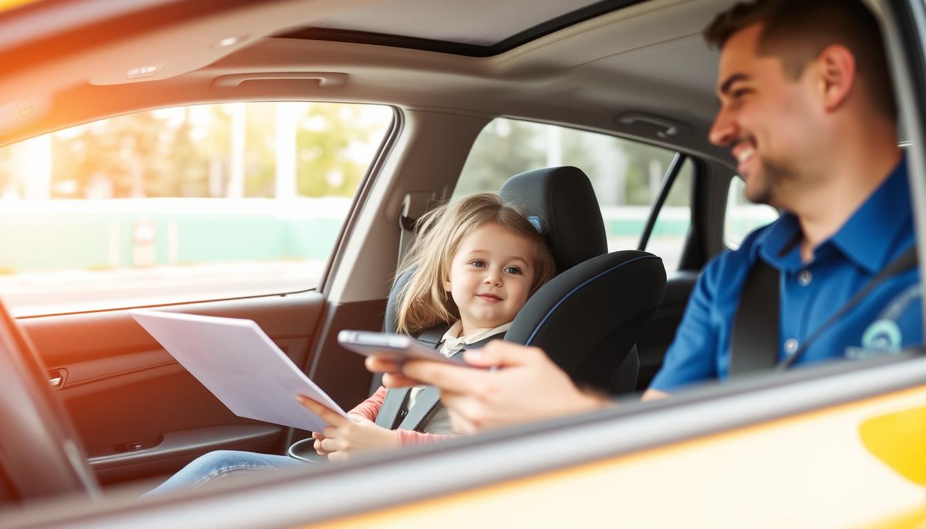 Parent getting assistance with car seat installation in rental car