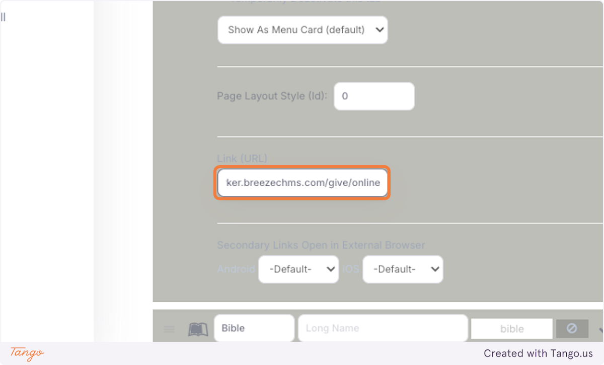 Paste Breeze giving url, example: "https://parker.breezechms.com/give/online" into Link (URL) field