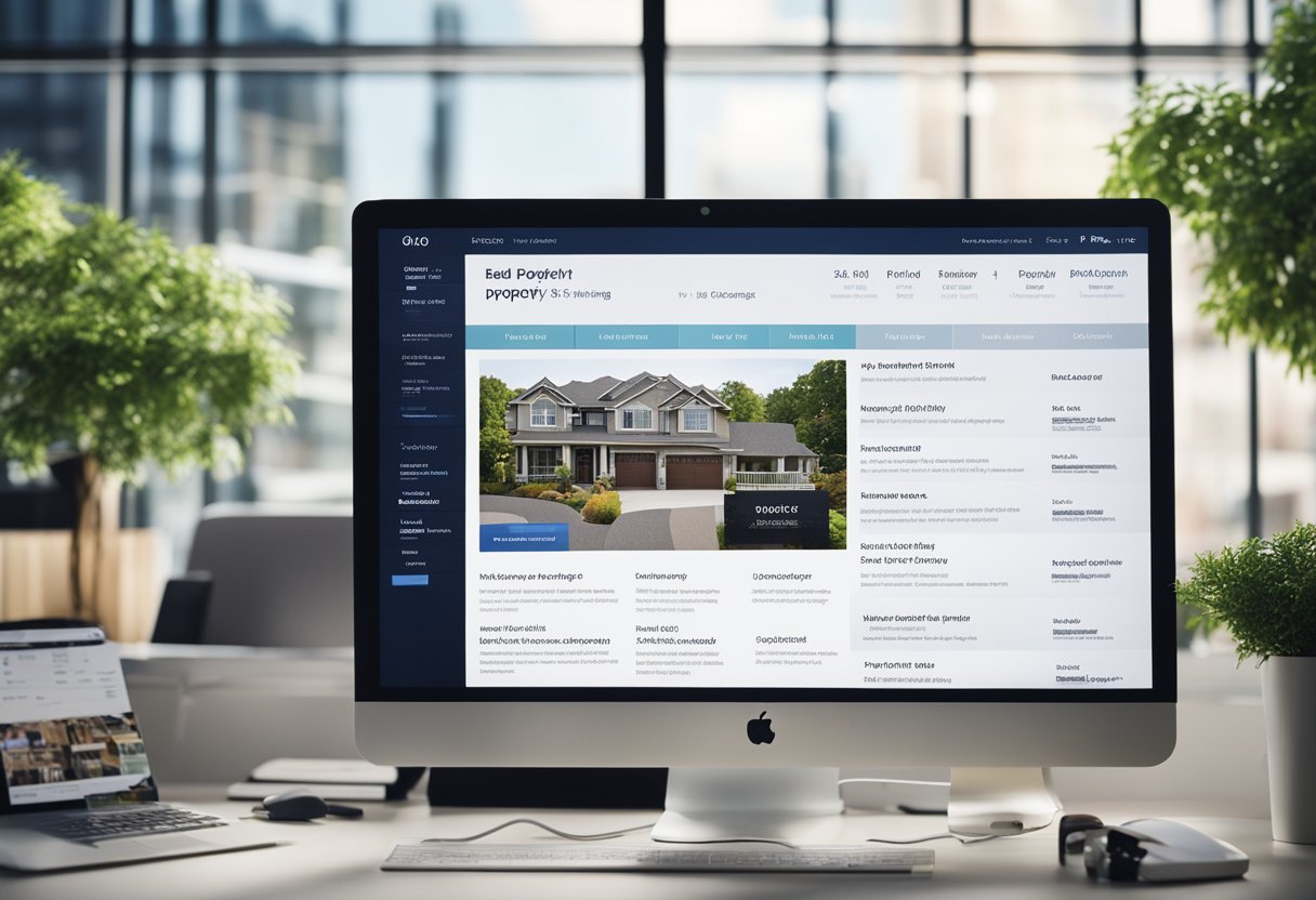 A computer screen displaying a real estate website with various property listings, surrounded by SEO optimization tools and charts