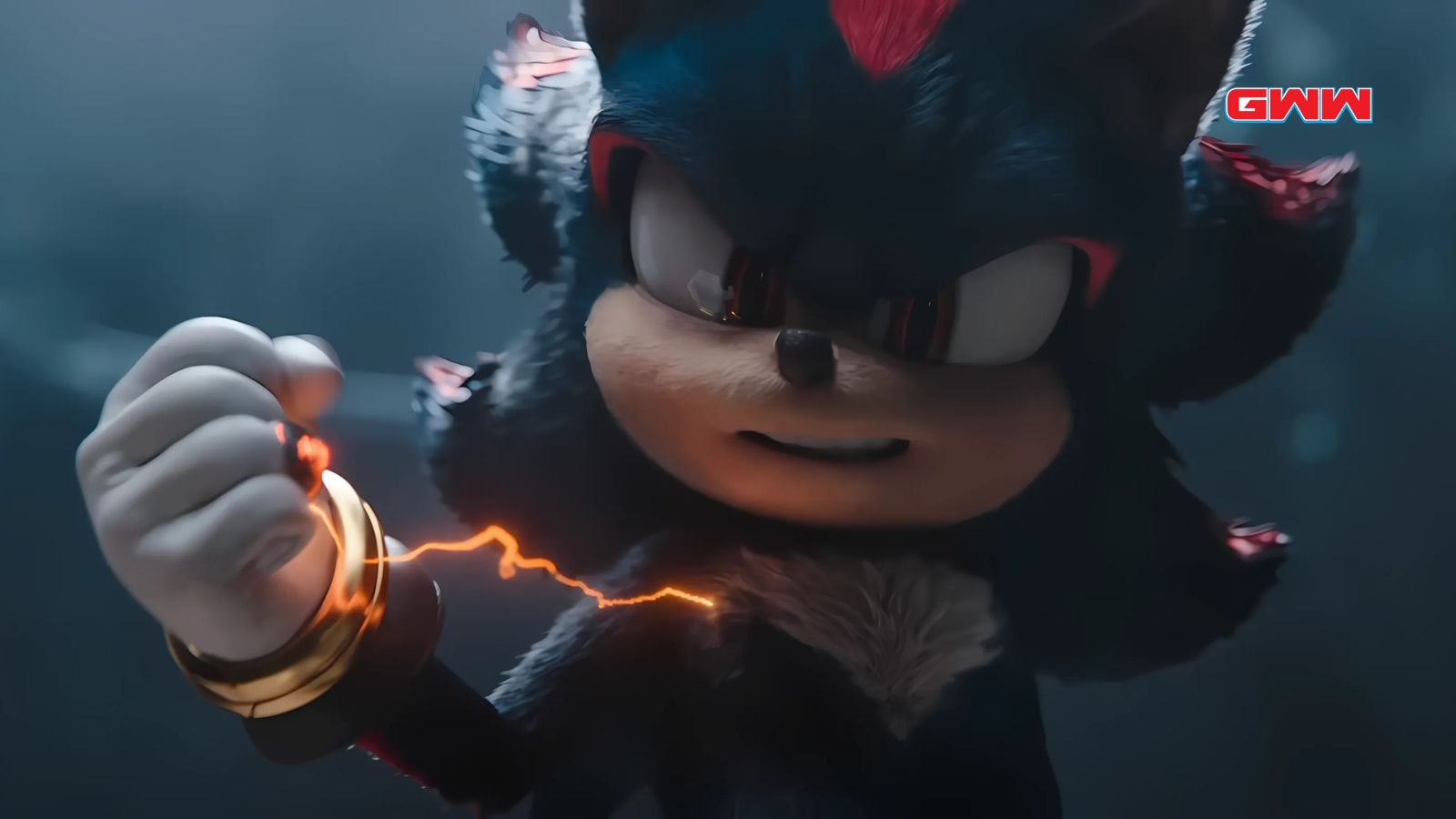 Shadow the Hedgehog clenching his fist, surrounded by glowing electricity.