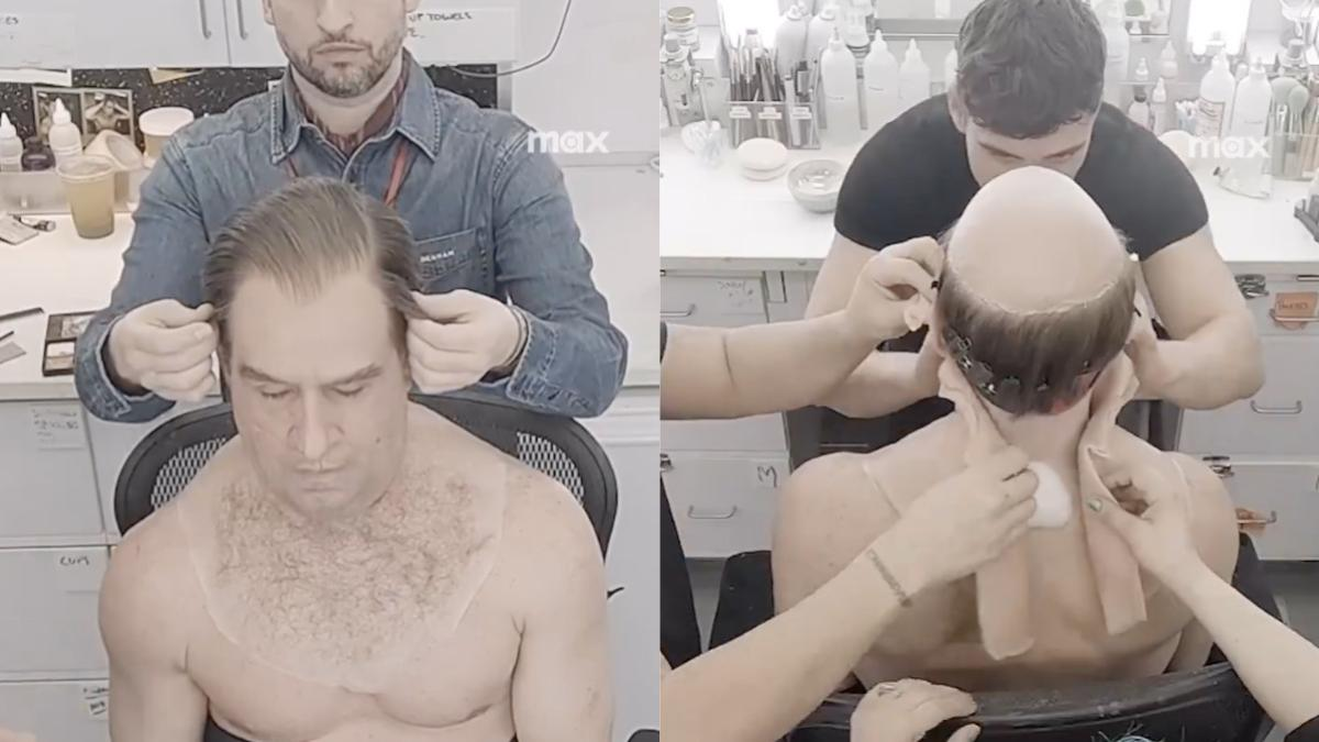 Proceso de maquillaje y caracterización en un estudio, mostrando a un actor siendo transformado con una prótesis en la cabeza y el cuello.