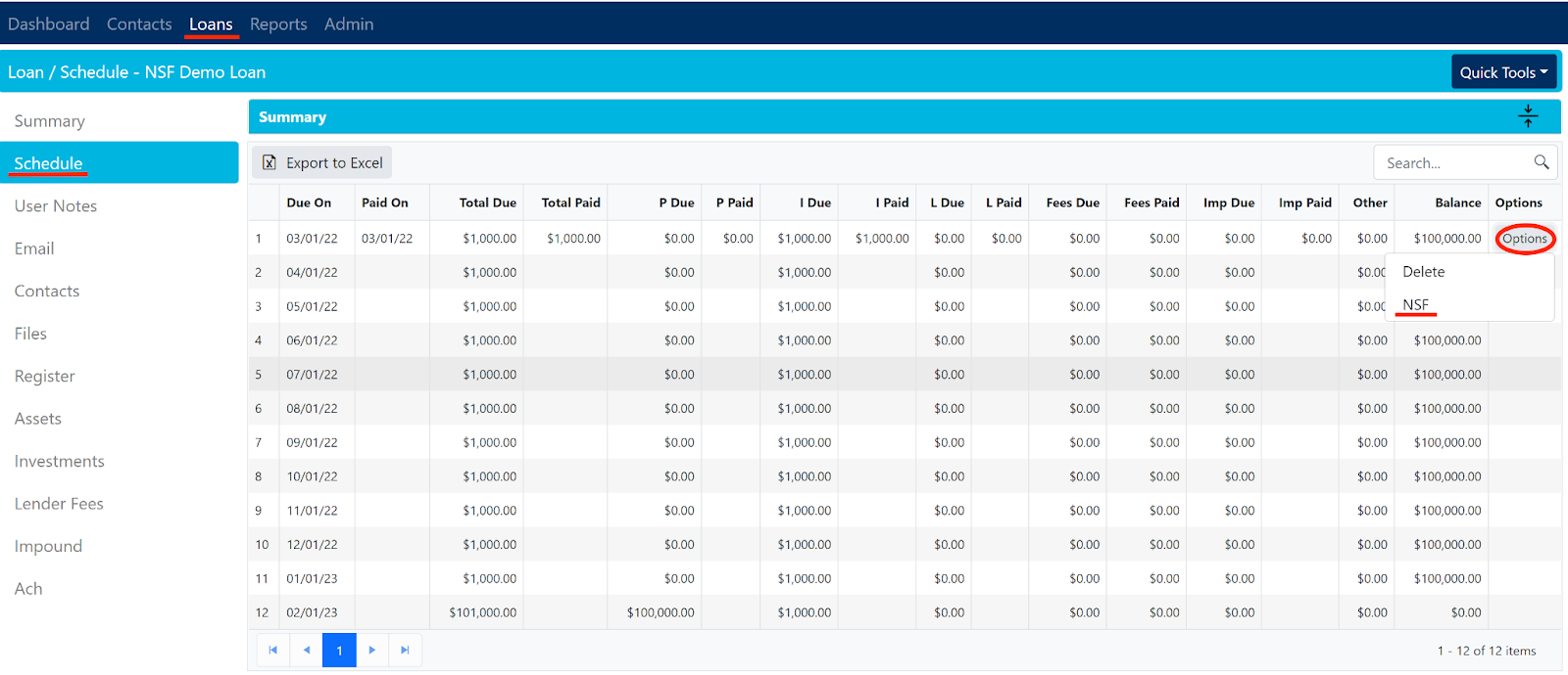 Loan schedule for NSP Demo Loan, displaying due dates, principal and interest (P&I) amounts, balances, and payment statuses in a structured table.