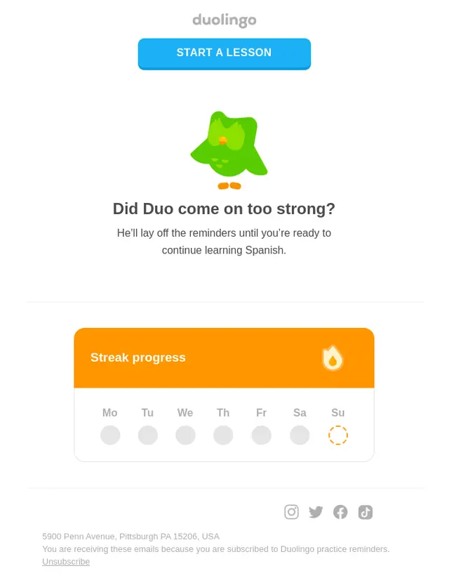 Win-back email used by Duolingo