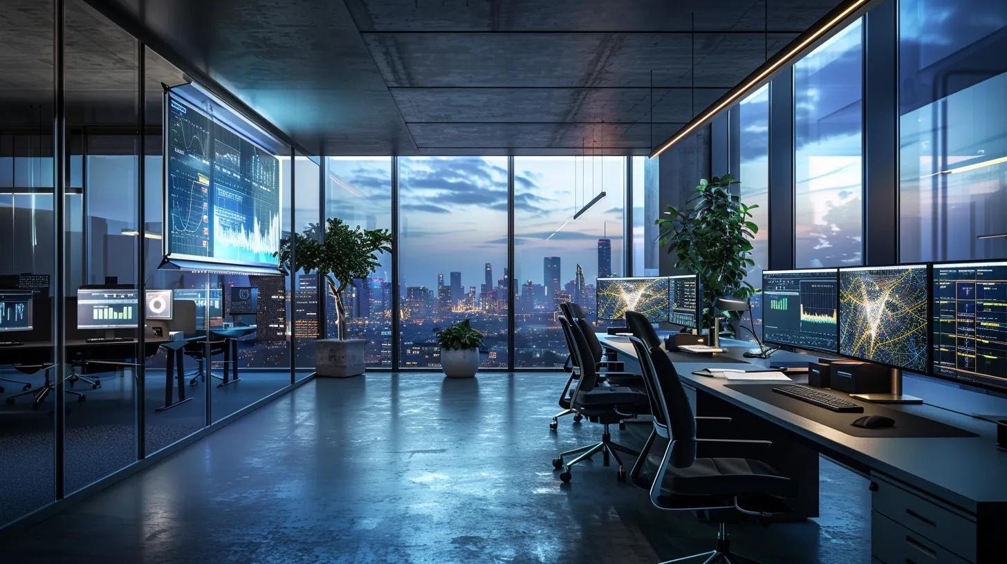 a sleek, modern office filled with high-tech monitors displaying vibrant visualizations of seo analytics data, illuminated by dynamic led lighting that highlights emerging trends in ai and mobile optimization.