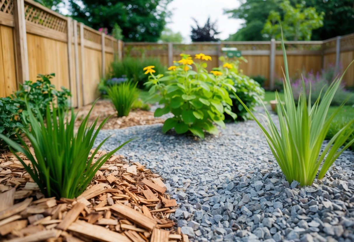 A garden with various low-cost mulching and groundcover options, such as wood chips, gravel, and plants, arranged in a practical and visually appealing manner