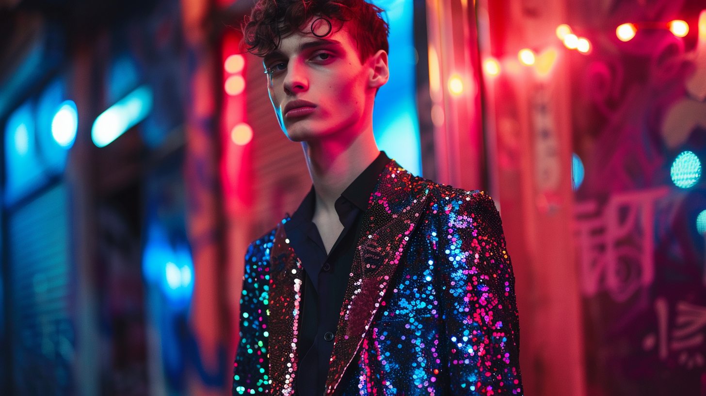 Teen guy wearing a bold statement prom jacket--metallic, sequined, or embroidered--paired with simple black trousers. Party vibe with colorful lights, balancing standout style with class.