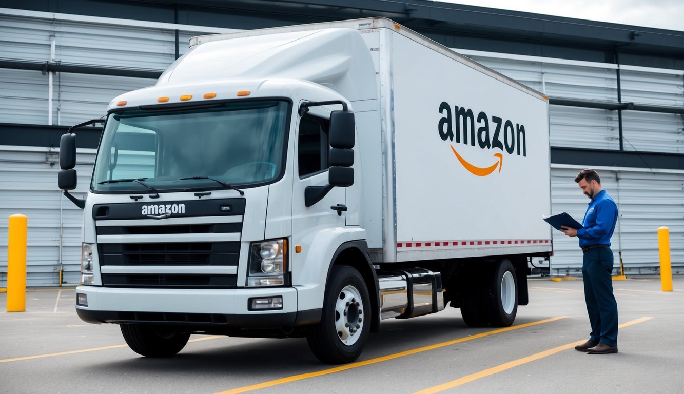 A delivery truck parked in front of an Amazon fulfillment center, with the driver inspecting the vehicle's insurance documents