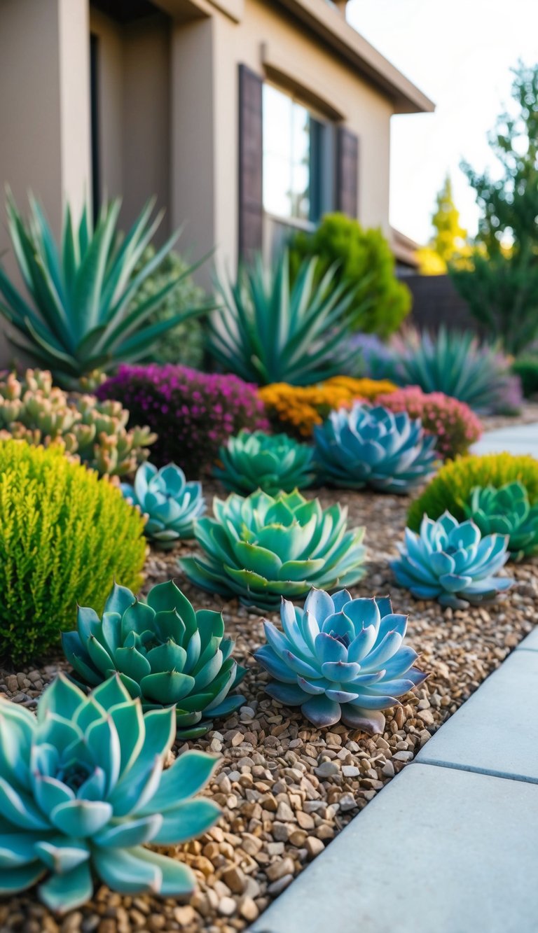 A front yard with a variety of drought-tolerant succulents arranged in a colorful and harmonious landscape design