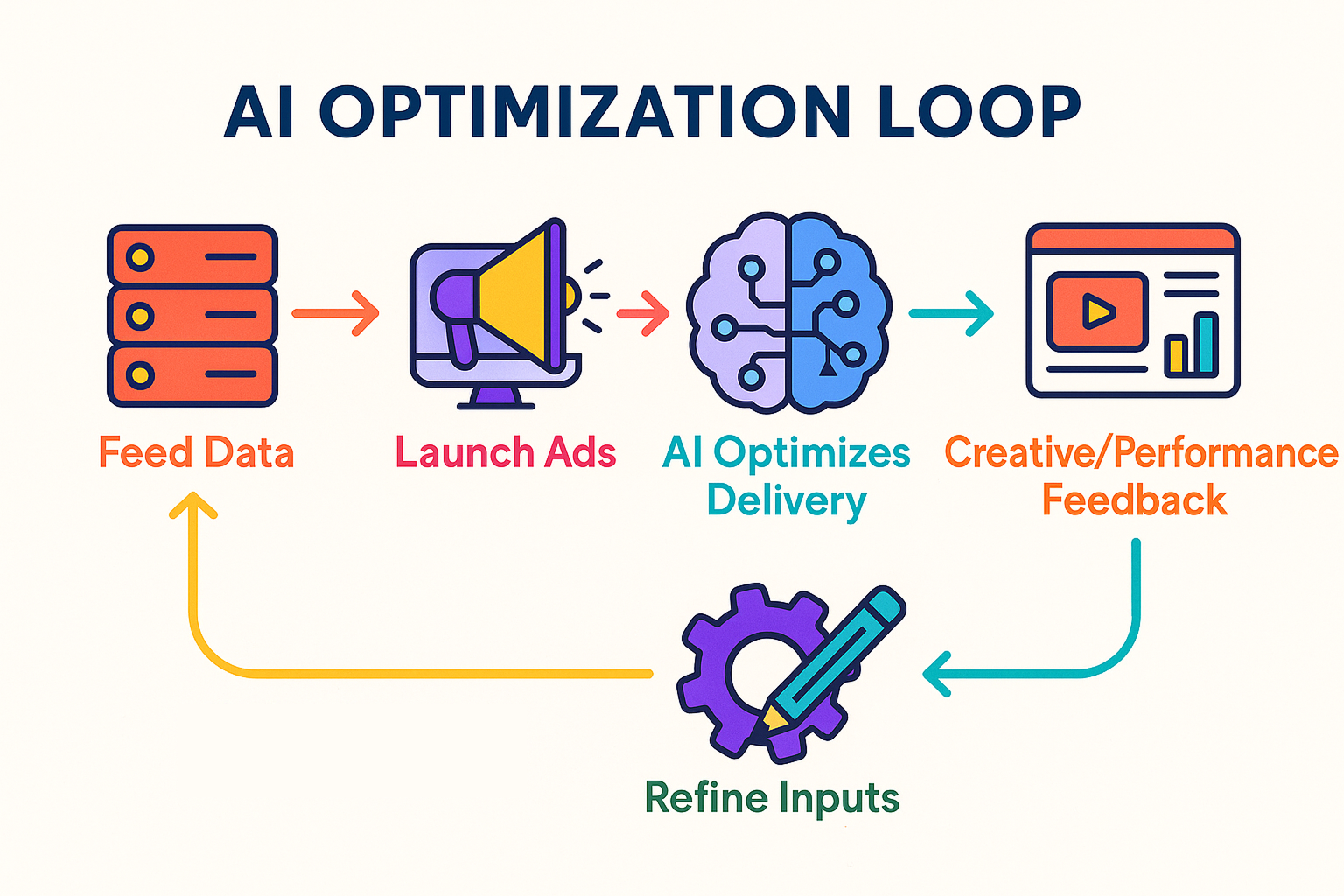 AI Optimization Loop showing five colorful steps connected in a continuous cycle