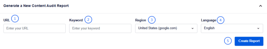 A step by step showcase of how to generate a new content audit report in SEOBoost