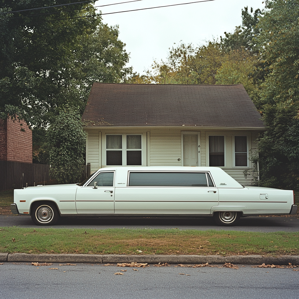 A white limousine parked outside Greg's house | Source: Midjourney