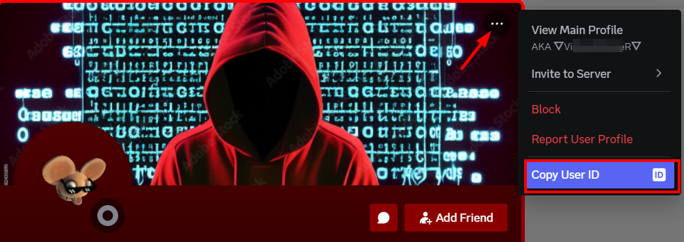 The Discord interface showing the option to copy a user ID by clicking on the three dots menu.