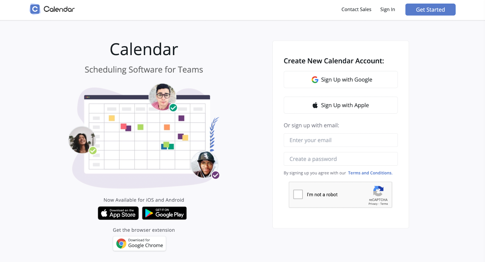 Screenshot der Startseite von Calendar.com