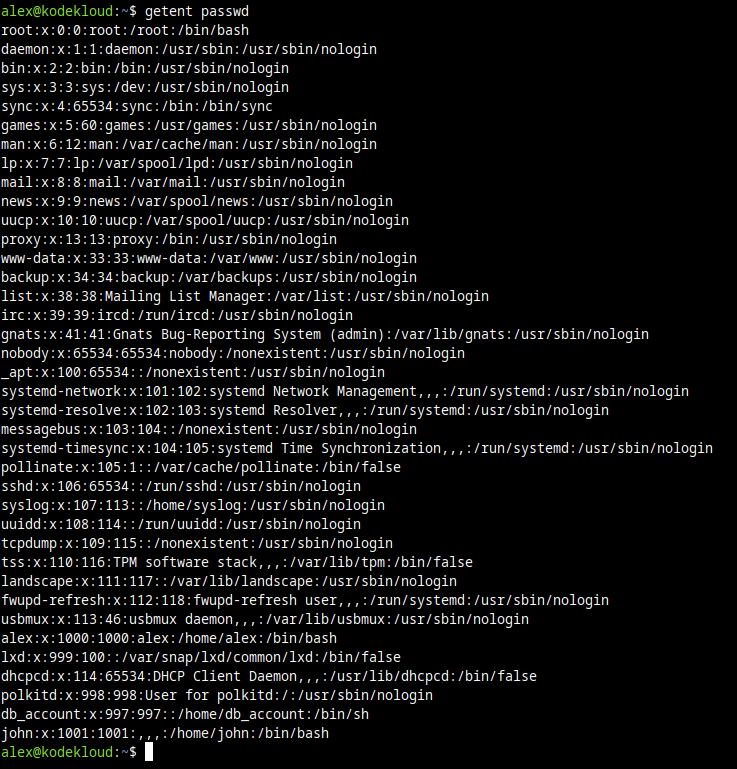 Screenshot showing how to list all user account information with the "getent" command