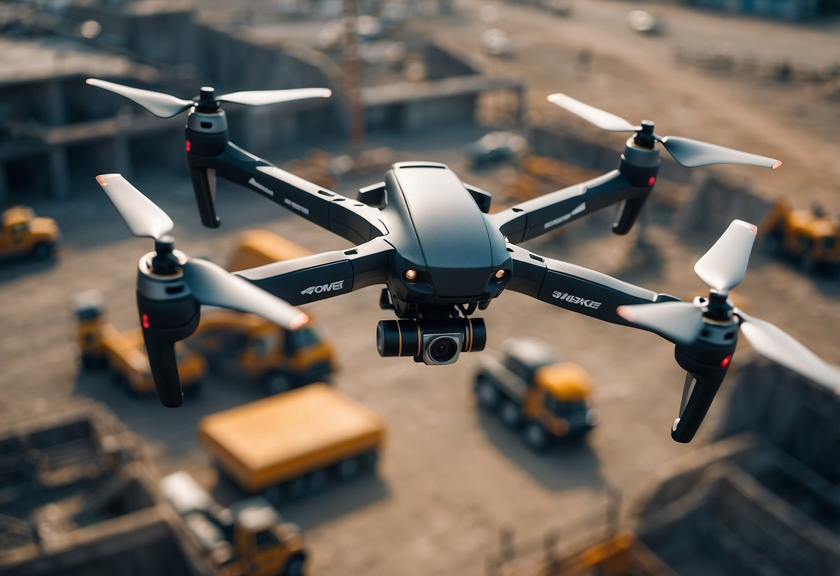 A drone hovers above a bustling construction site, capturing the activity below