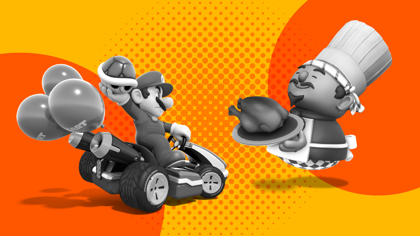 A black-and-white Mario from Mario Kart and chef from Overcooked 2 face off in front of a yellow and orange background