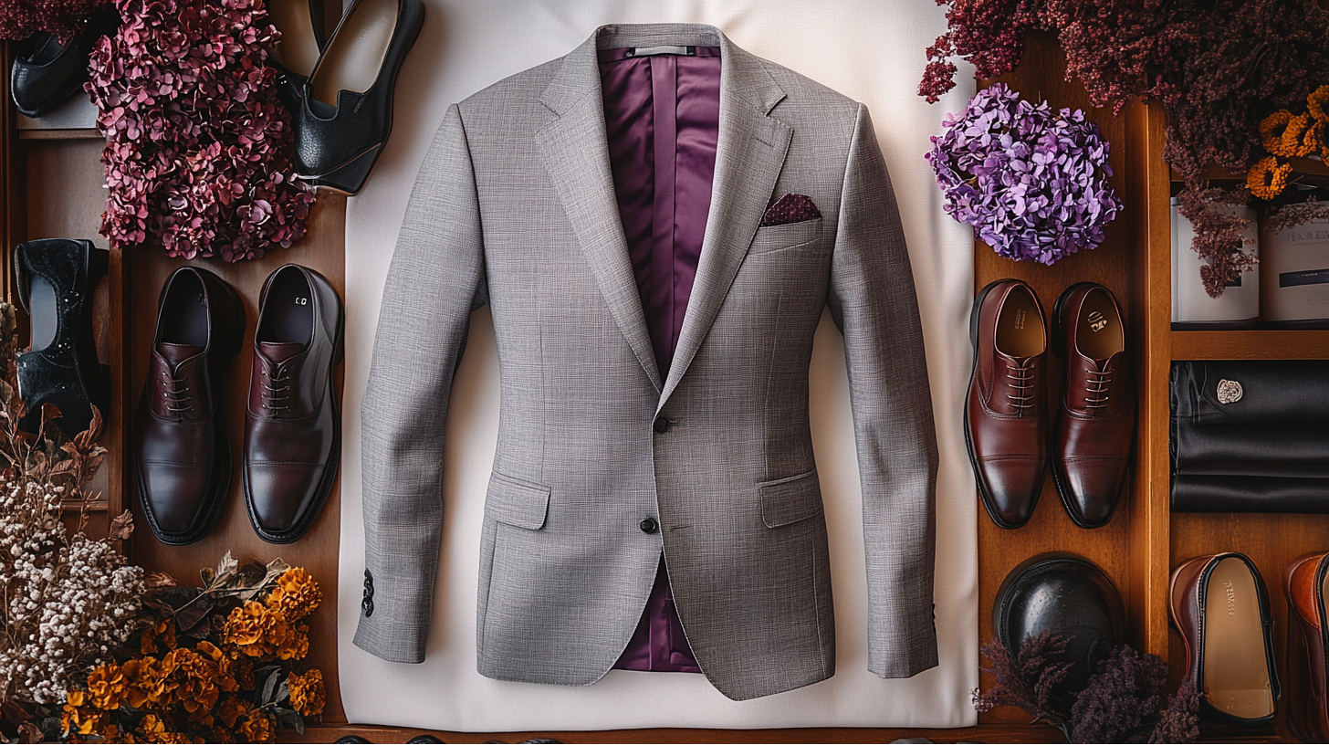 A men's gray suit, neatly laid flat on a soft, slightly flowing white fabric, creating a serene and balanced composition. The suit, paired with a purple shirt, is surrounded by various shoe options, including burgundy shoes, black shoes. Aesthetic elements like dried flowers add a refined touch. The scene is softly illuminated with cool white lighting, casting gentle shadows that enhance the minimalist, sophisticated vibe.