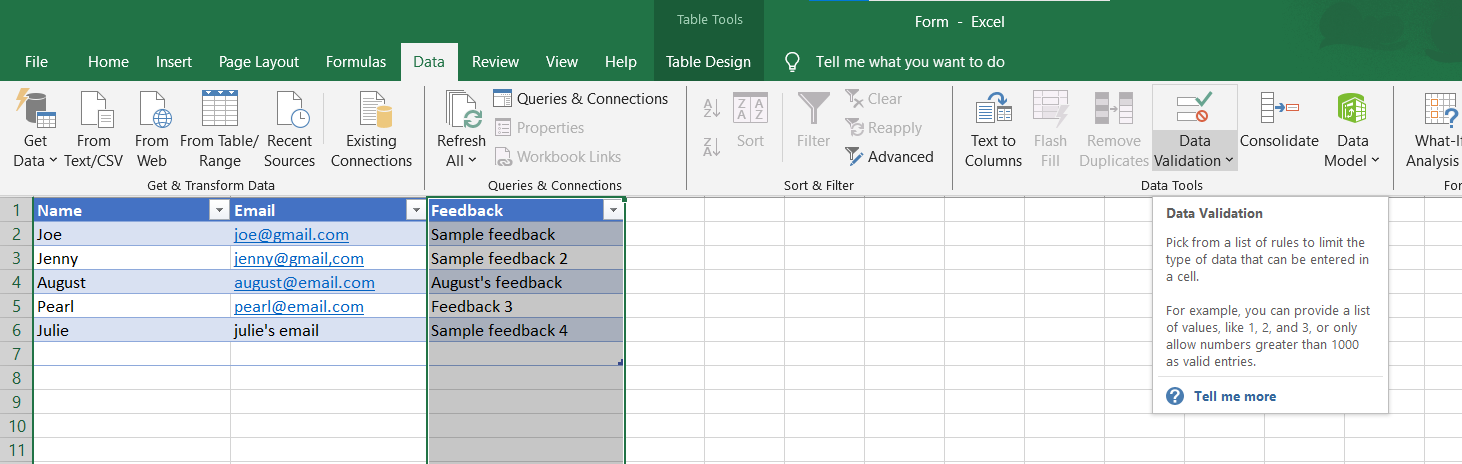 Áp dụng quy tắc xác thực dữ liệu (tùy chọn): Cách tạo biểu mẫu trong Excel