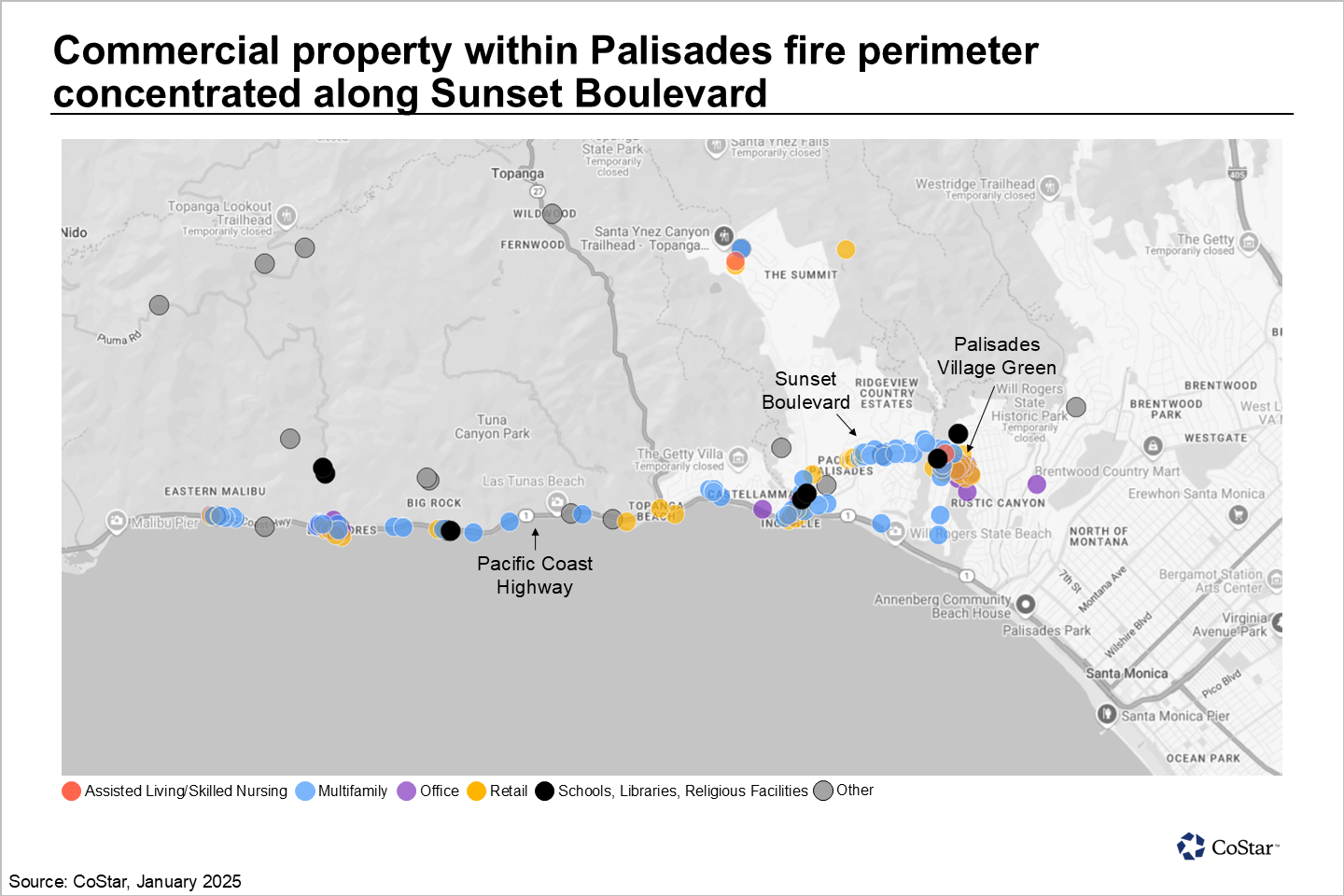 Commercial property within Palisades fire perimeter concentrated along Sunset Boulevard